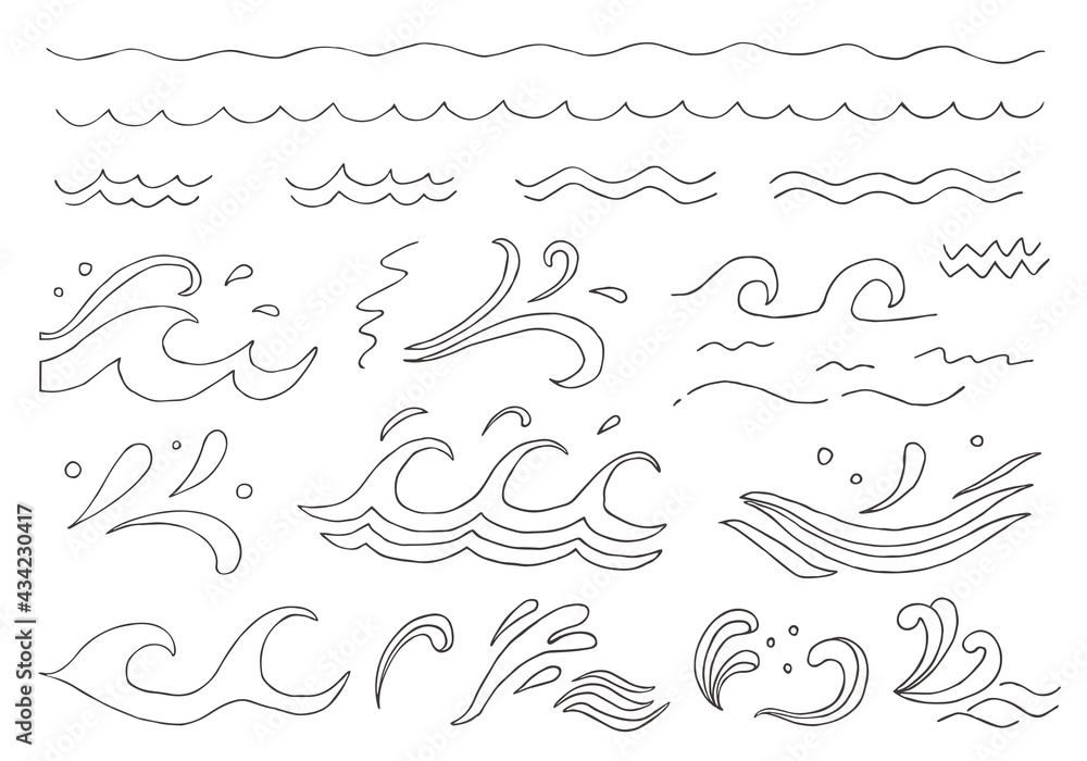 手描きのシンプルな波線 波イラストセット モノクロ Stock Vector Adobe Stock