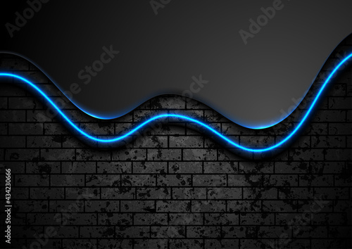 Black and blue neon waves on grunge brick wall background. Concept futuristic vector design