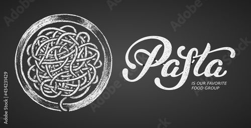 Pasta elegant hand written vector lettering isolated on black background with chalk plate of pasta