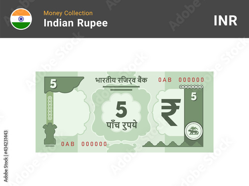 Indian rupee banknote. 5 bill paper money. Five INR cash. The official currency of India. Flat style. Simple minimal design. Vector illustration.