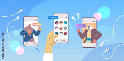 arabic people communicating in instant messengers by voice messages audio chat application online communication