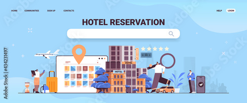 man with magnifying glass travel book tickets and hotel room apartment reservation service transfer transportation