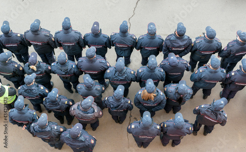 People are in the uniform of Russian policemen. Top view. Police squad concept.