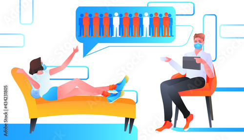 psychologist in mask solving psychological problem of woman patient with chat bubble psychotherapy session