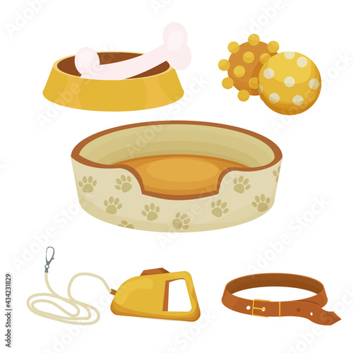 Set of accessories for dogs withcute bad, toys, collar, bowl with bone different staffs for pet care isolated on white background in cartoon style. Collection of equipment, supplies