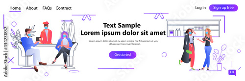 people in masks discussing during meeting in beauty salon coronavirus quarantine concept horizontal