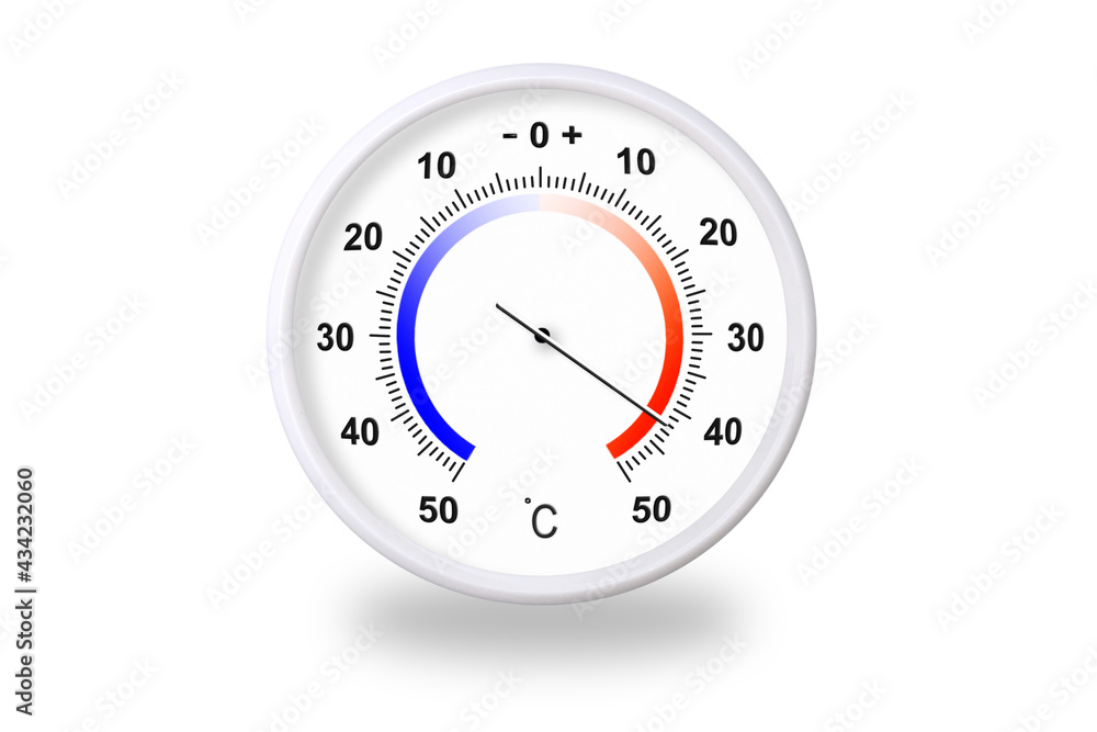 Outdoor thermometer on white background. Ambient temperature plus 42  degrees celsius Stock Photo