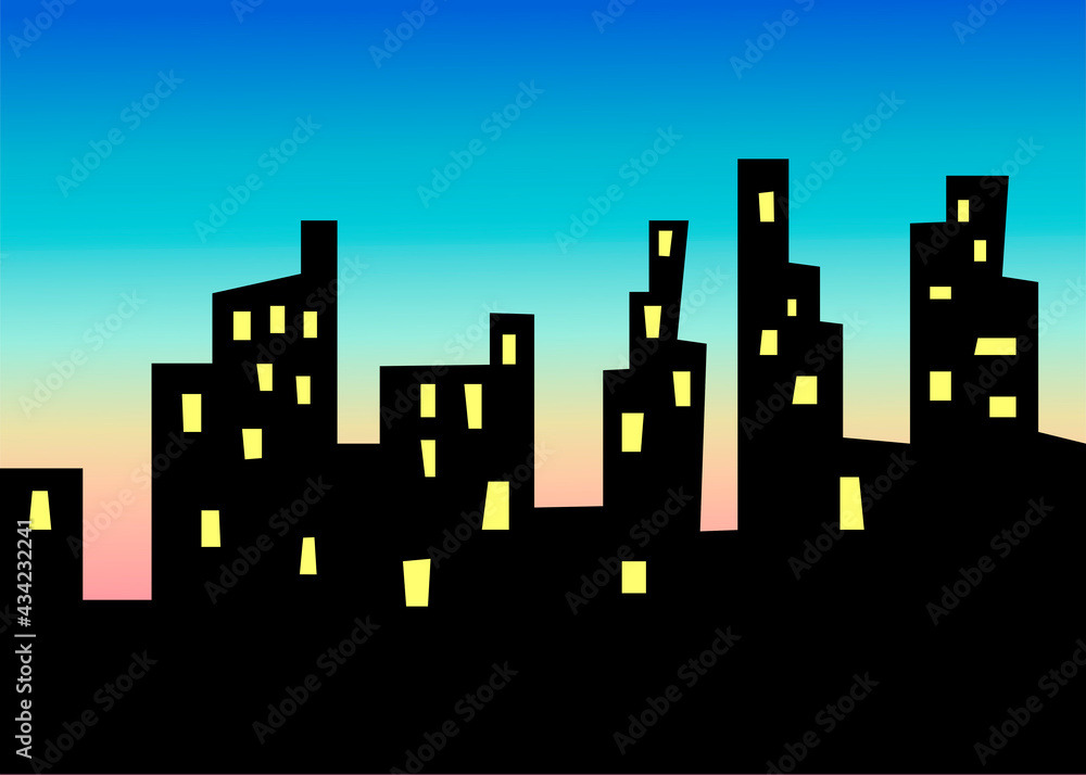 Obraz premium Abstract Urban landscape on sunrise background. Black building silhouettes. Vector illustration.