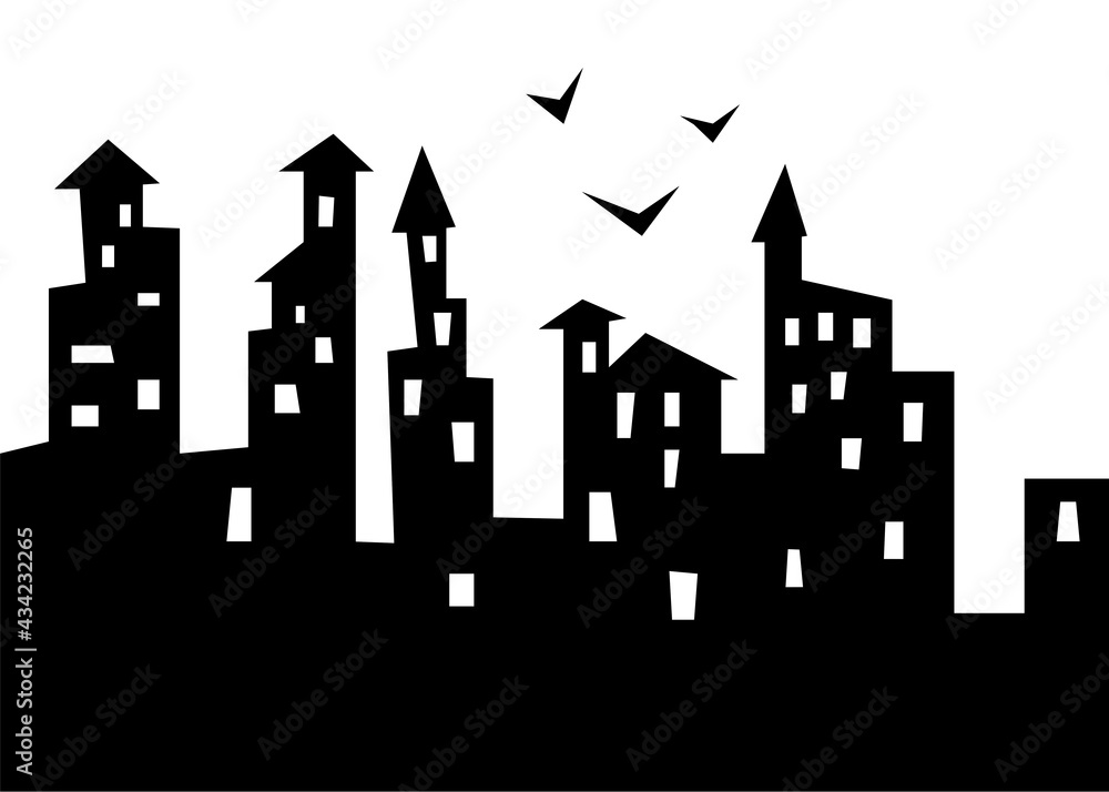 Abstract Urban landscape on white background. Black  
building  silhouettes and black birds. Vector illustration.