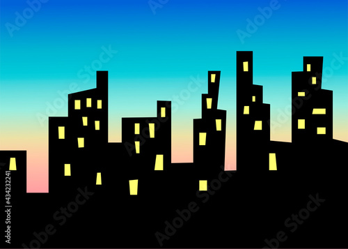 Abstract Urban landscape on sunrise background. Black   building  silhouettes. Vector illustration.