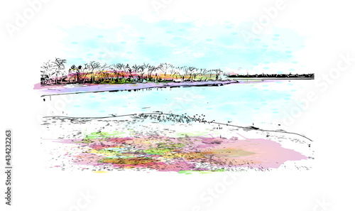 Building view with landmark of Fort Collins is a city in northern Colorado. Watercolor splash with hand drawn sketch illustration in vector.