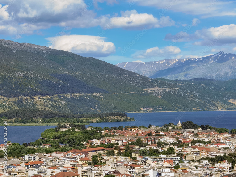 ioannina city view from pine tree forest in spring season greece
