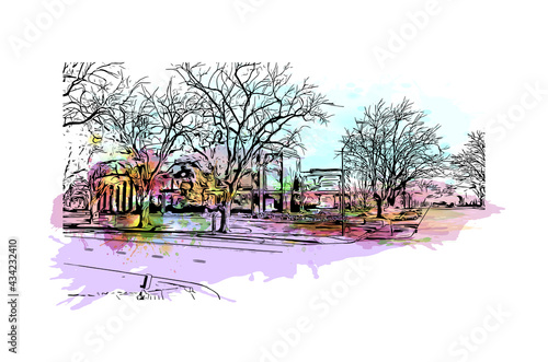 Building view with landmark of Fort Collins is a city in northern Colorado. Watercolor splash with hand drawn sketch illustration in vector.