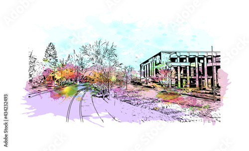 Building view with landmark of Fort Collins is a city in northern Colorado. Watercolor splash with hand drawn sketch illustration in vector.