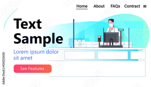 female pharmacist in mask at pharmacy counter modern drugstore interior medicine healthcare concept