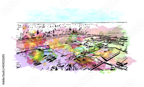 Building view with landmark of Fort Collins is a city in northern Colorado. Watercolor splash with hand drawn sketch illustration in vector.