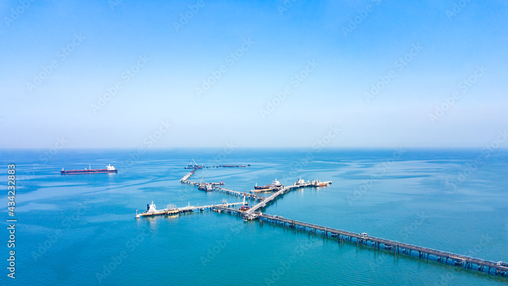 Aerial view from drone, Oil pipes to oil tanker ships at pier off the coast in beautiful peaceful environment. Professional business logistics and transportation of energy fuels.