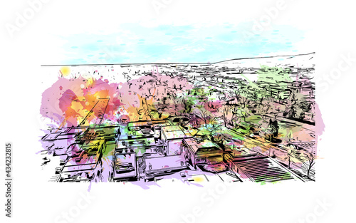 Building view with landmark of Fort Collins is a city in northern Colorado. Watercolor splash with hand drawn sketch illustration in vector.