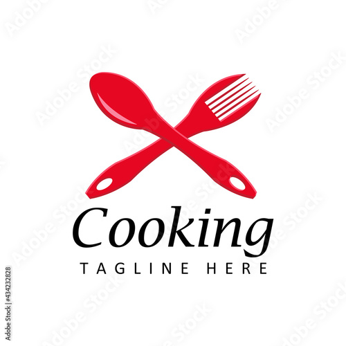 Food logo template design vector in isolated background. Graphic fork and spoon icon symbol for cafe, restaurant, cooking business. Modern linear catering label, emblem, badge