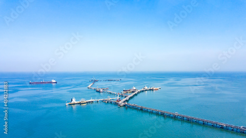 Aerial view from drone, Oil pipes to oil tanker ships at pier off the coast in beautiful peaceful environment. Professional business logistics and transportation of energy fuels.