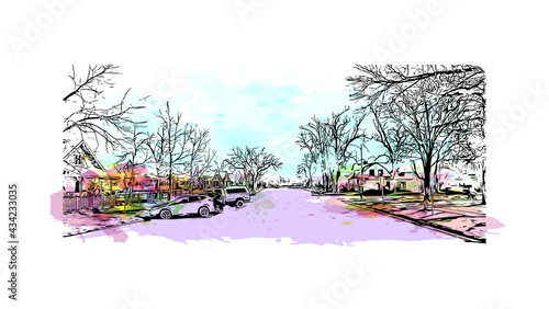 Building view with landmark of Fort Collins is a city in northern Colorado. Watercolor splash with hand drawn sketch illustration in vector.