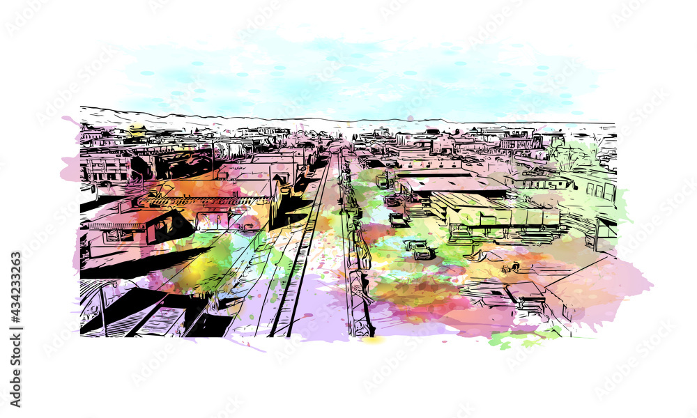Building view with landmark of Fort Collins is a city in northern Colorado. Watercolor splash with hand drawn sketch illustration in vector.