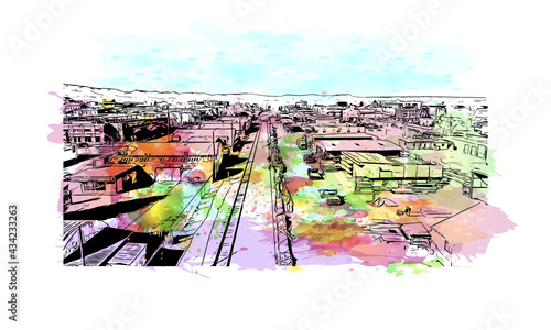 Obraz na płótnie Building view with landmark of Fort Collins is a city in northern Colorado. Watercolor splash with hand drawn sketch illustration in vector. w salonie