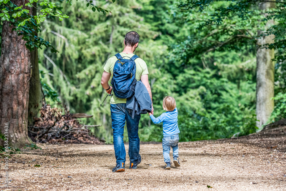 father holding hand of little son with backpack hiking in forest father holding hand of little son with backpack hiking in forest