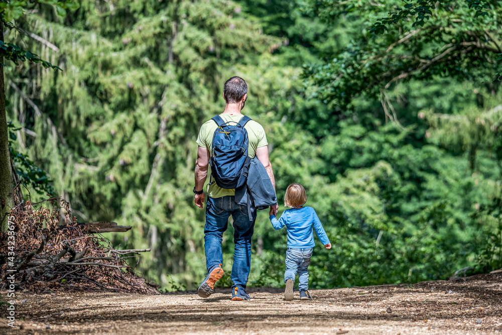 father holding hand of little son with backpack hiking in forest father holding hand of little son with backpack hiking in forest