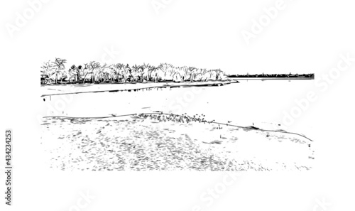 Building view with landmark of Fort Collins is a city in northern Colorado. Hand drawn sketch illustration in vector.