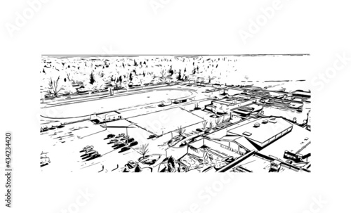 Building view with landmark of Fort Collins is a city in northern Colorado. Hand drawn sketch illustration in vector.