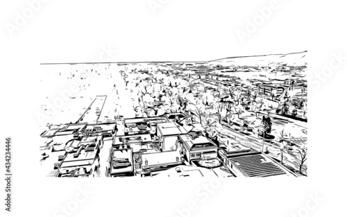 Building view with landmark of Fort Collins is a city in northern Colorado. Hand drawn sketch illustration in vector.