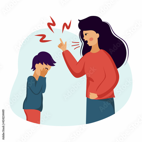 Mother screams at child. Family conflicts and child abuse. Crying baby and angry mom.