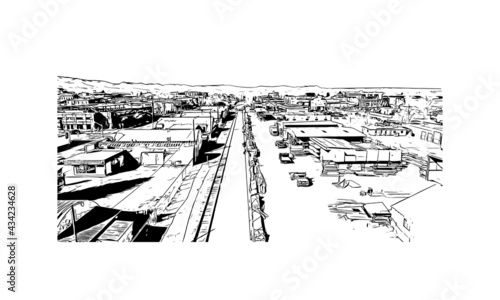 Building view with landmark of Fort Collins is a city in northern Colorado. Hand drawn sketch illustration in vector.