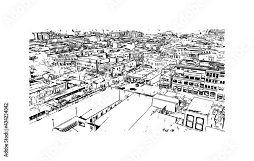 Building view with landmark of Fort Collins is a city in northern Colorado. Hand drawn sketch illustration in vector.