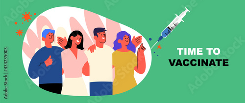People and family vaccination concept for immunity health. Time to vaccinate banner. Patients are waiting in line. process of immunization against covid-19. Healthcare, coronavirus, flu or influenza.