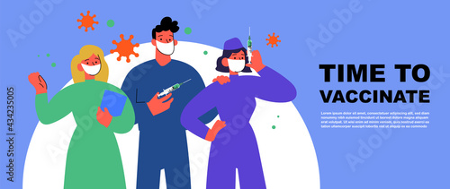People and family vaccination concept for immunity health. Time to vaccinate banner. Patients are waiting in line. process of immunization against covid-19. Healthcare, coronavirus, flu or influenza.