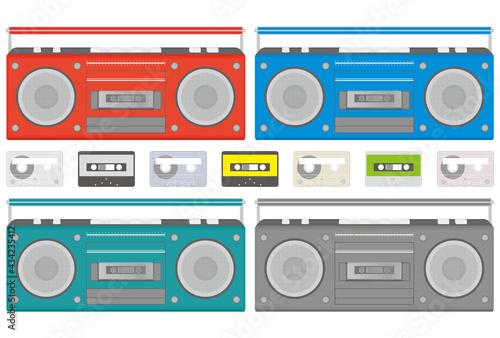 ラジカセとテープのベクターイラストのセット