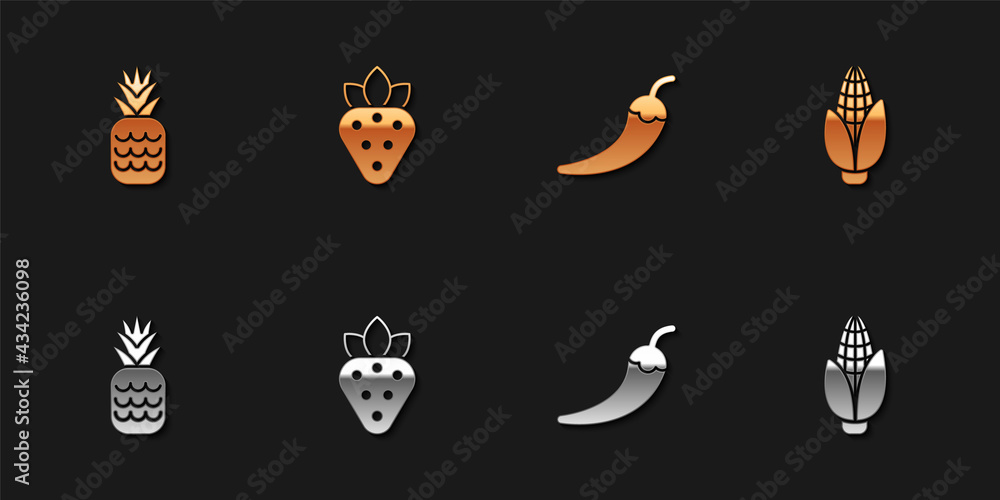 Set Pineapple, Strawberry, Hot chili pepper pod and Corn icon. Vector Set Pineapple, Strawberry, Hot chili pepper pod and Corn icon. Vector