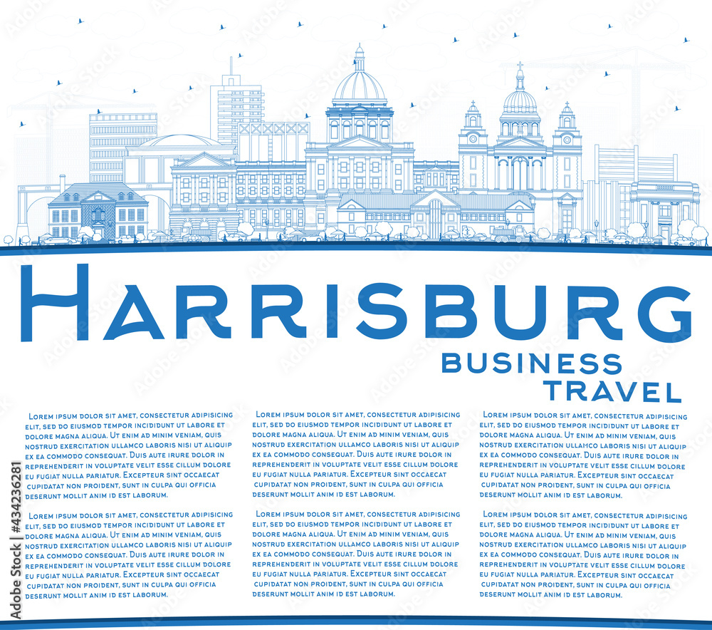 Outline Harrisburg Pennsylvania City Skyline with Blue Buildings and Copy Space.