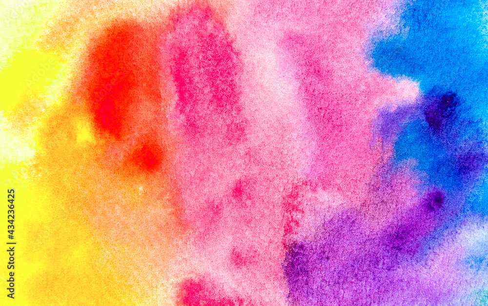 Colorful watercolor texture in rainbow on white paper background.