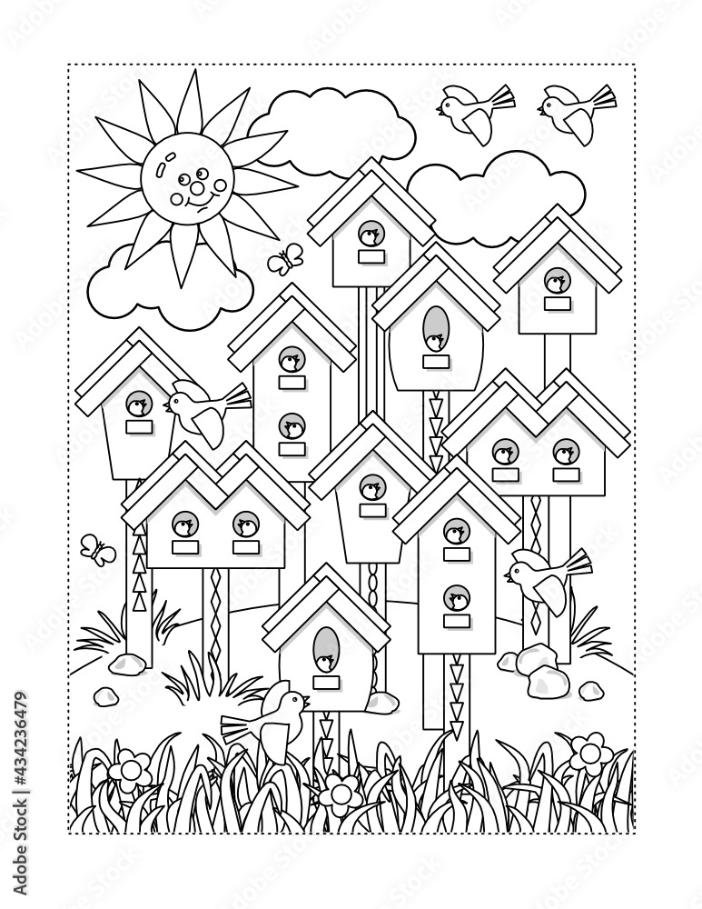 Coloring page with birds village - various birdhouses, nestlings, grass, flowers
