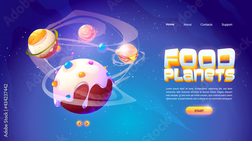 Food planets banner of space arcade game. Fantasy planets with fried egg, candy, hamburger and salmon texture. Vector landing page with cartoon illustration of fantastic food galaxy