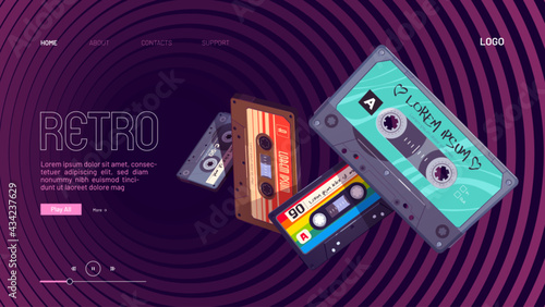 Retro mixtapes cartoon landing page with audio mix tapes falling into hypnotic pattern. Cassettes, media or music store ad in vintage style, analog multimedia devices, Vector illustration