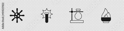 Set Bacteria, Chemical explosion, Test tube flask stand and Alcohol or spirit burner icon. Vector