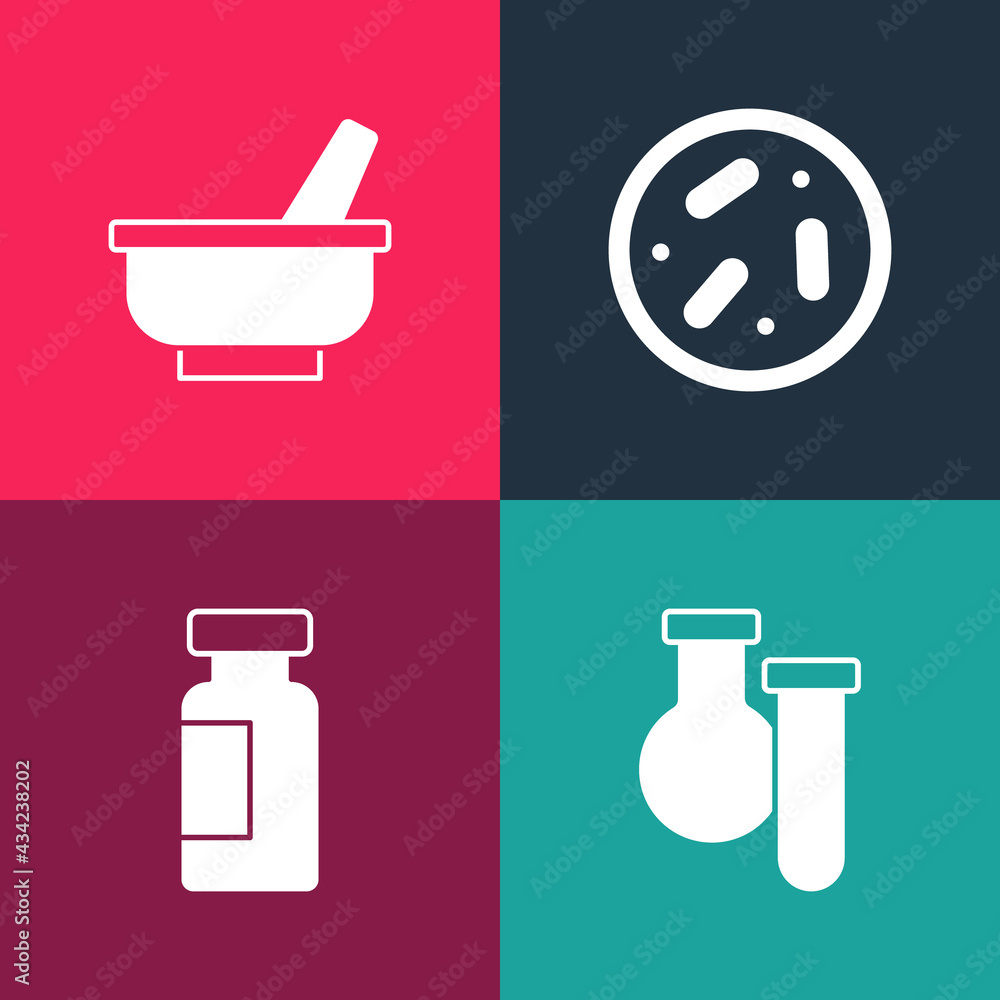 Set pop art Test tube and flask, , Petri dish with bacteria and Mortar pestle icon. Vector Set pop art Test tube and flask, , Petri dish with bacteria and Mortar pestle icon. Vector