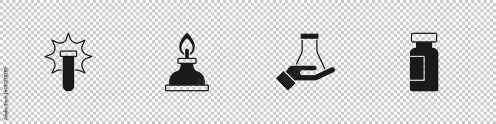 Set Chemical explosion, Alcohol or spirit burner, Test tube and flask and icon. Vector Set Chemical explosion, Alcohol or spirit burner, Test tube and flask and icon. Vector
