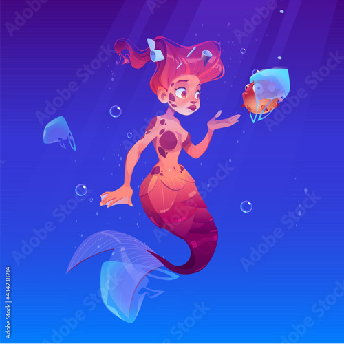 Mermaid with puffer fish in plastic bag underwater in sea. Ocean pollution by trash, global littering. Vector cartoon illustration of sad beautiful girl fish with garbage in red hair