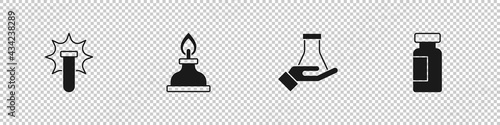 Set Chemical explosion, Alcohol or spirit burner, Test tube and flask and icon. Vector
