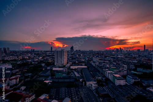 panoramic high-angle evening background of the city view with natural beauty and blurred sunsets in the evening and the wind blowing all the time showing the distribution of city center accommodation